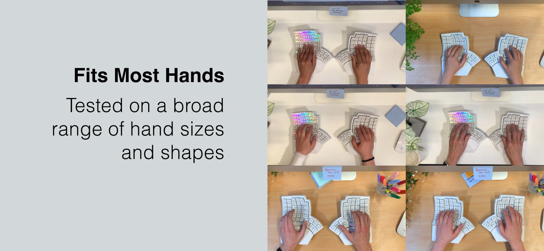 Various hand sizes shown ergonomically fitting when using the Glove80 keyboard